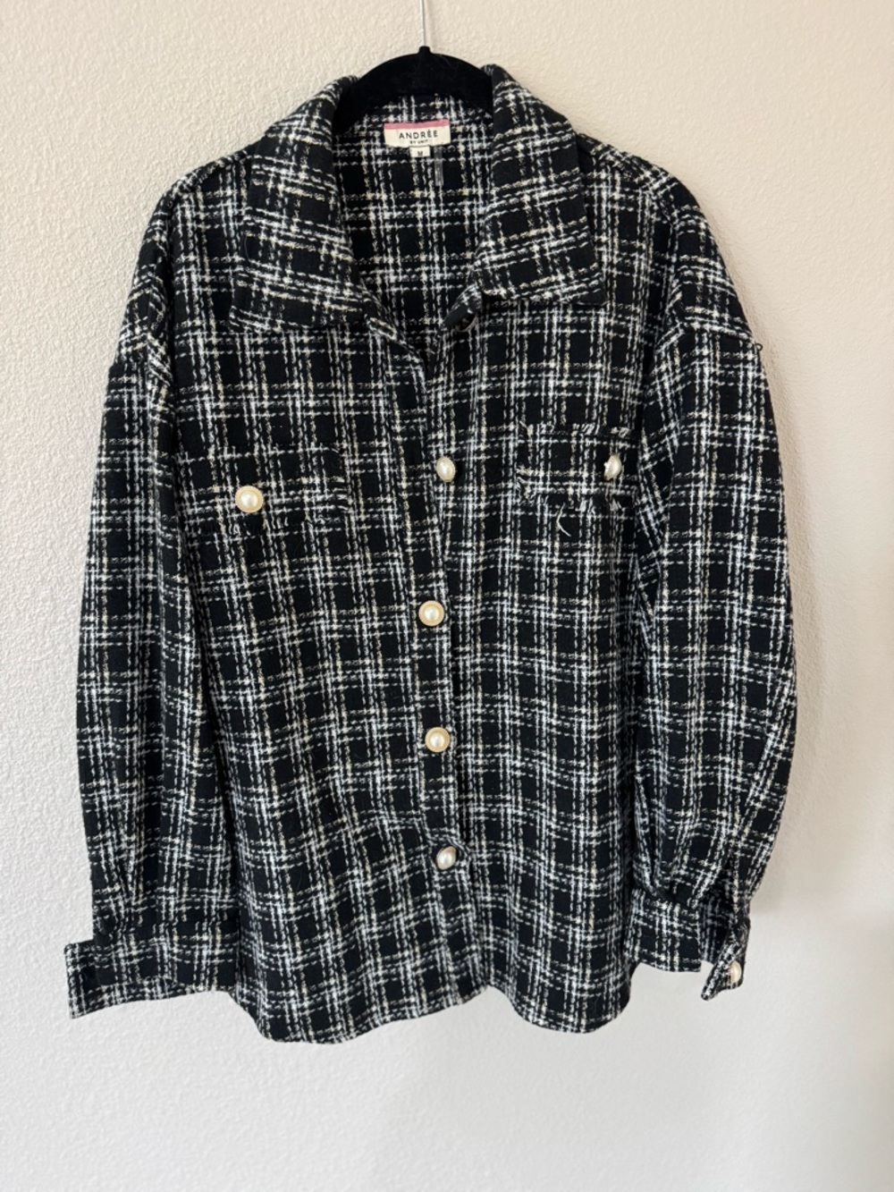 Andrée by Unit Tweed Shacket Jacket Medium | Black White Gold Plaid